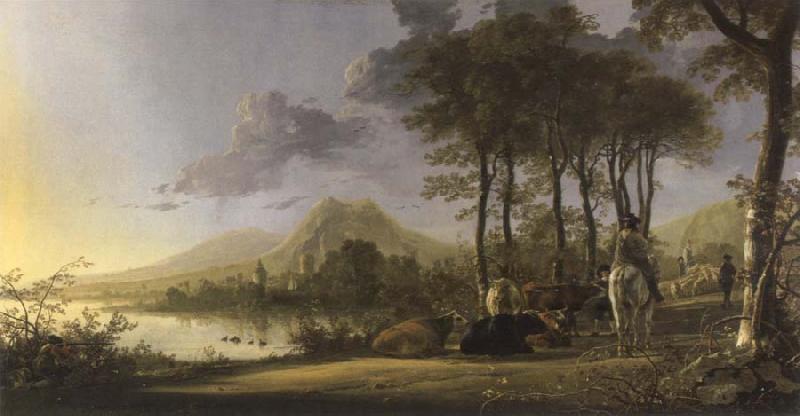 Aelbert Cuyp river landscape with horsemen and peasants